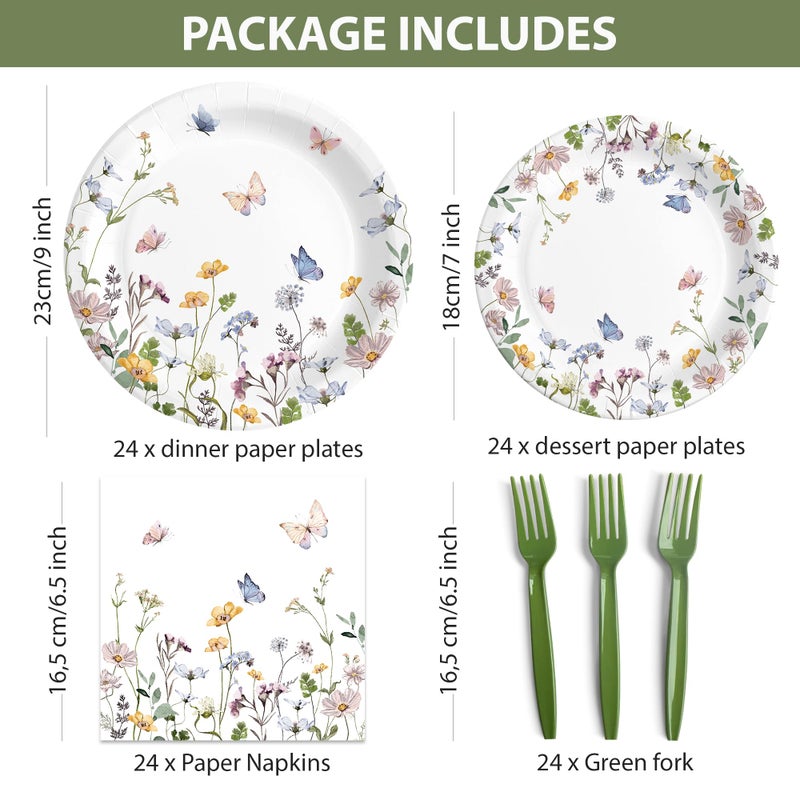 Audree 96 Pcs Wildflower Party Supplies, 24 set Disposable Paper Plates and Napkins for Party Baby Shower, Wedding, Birthday, Perfect for Guests Set Dinner and Dessert Plates, Napkins, Plastic Forks - Image 2