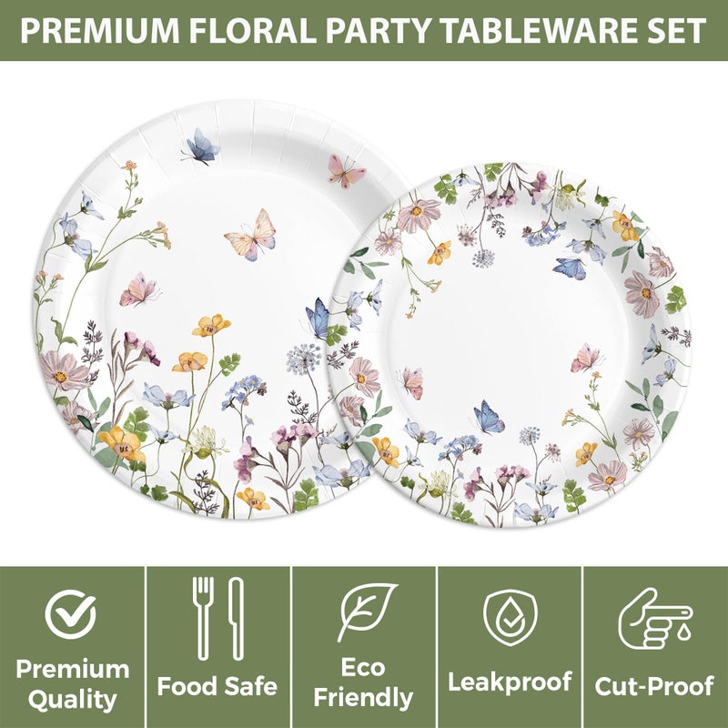 Audree 96 Pcs Wildflower Party Supplies, 24 set Disposable Paper Plates and Napkins for Party Baby Shower, Wedding, Birthday, Perfect for Guests Set Dinner and Dessert Plates, Napkins, Plastic Forks - Image 3