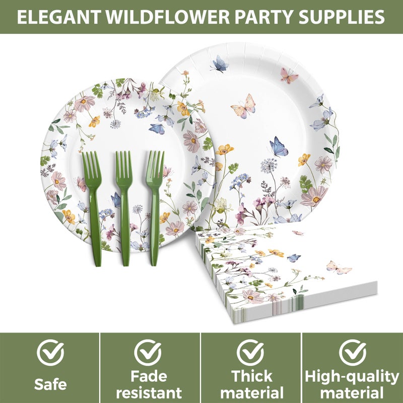 Audree 96 Pcs Wildflower Party Supplies, 24 set Disposable Paper Plates and Napkins for Party Baby Shower, Wedding, Birthday, Perfect for Guests Set Dinner and Dessert Plates, Napkins, Plastic Forks - Image 4