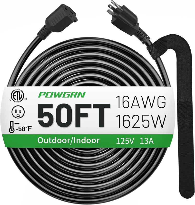 POWGRN 50 FT 16/3 Black Indoor Outdoor Extension Cord Waterproof, 3 Prong Flexblie SJTW Cold Weatherproof -50°C Appliance Extension Cord 13 AMP 1625W 16AWG Heavy Duty Electric Cord, ETL Listed - Image 1