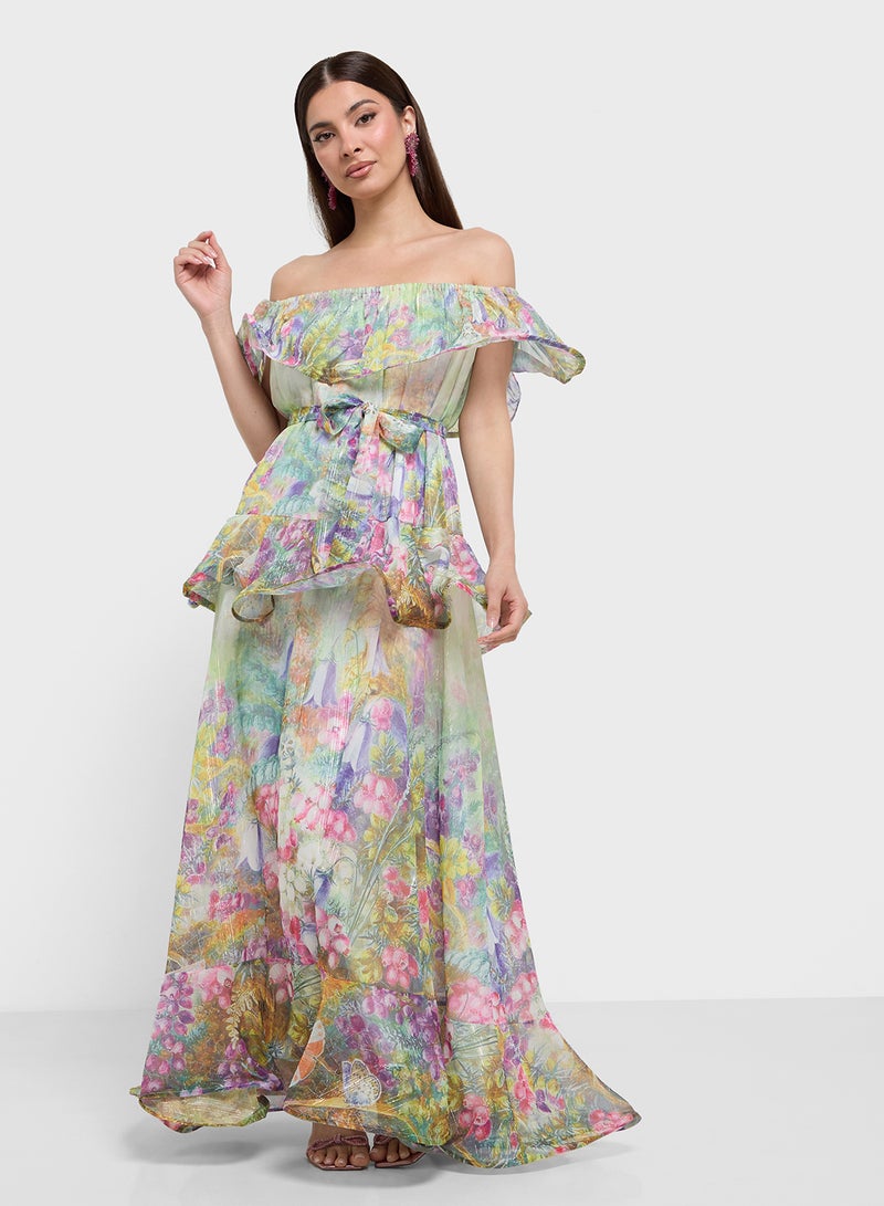 ايلا فستان مطبوع بالزهور بكتف مكشوف - Image 1
