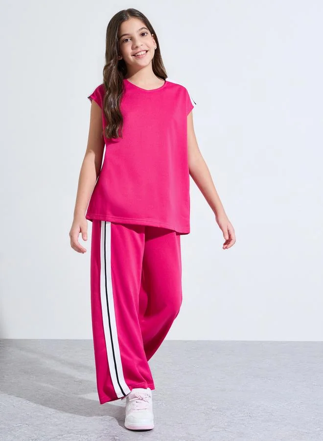 Styli Teen Girls Pink Cap Sleeves T-Shirt and Side Striped Joggers Set