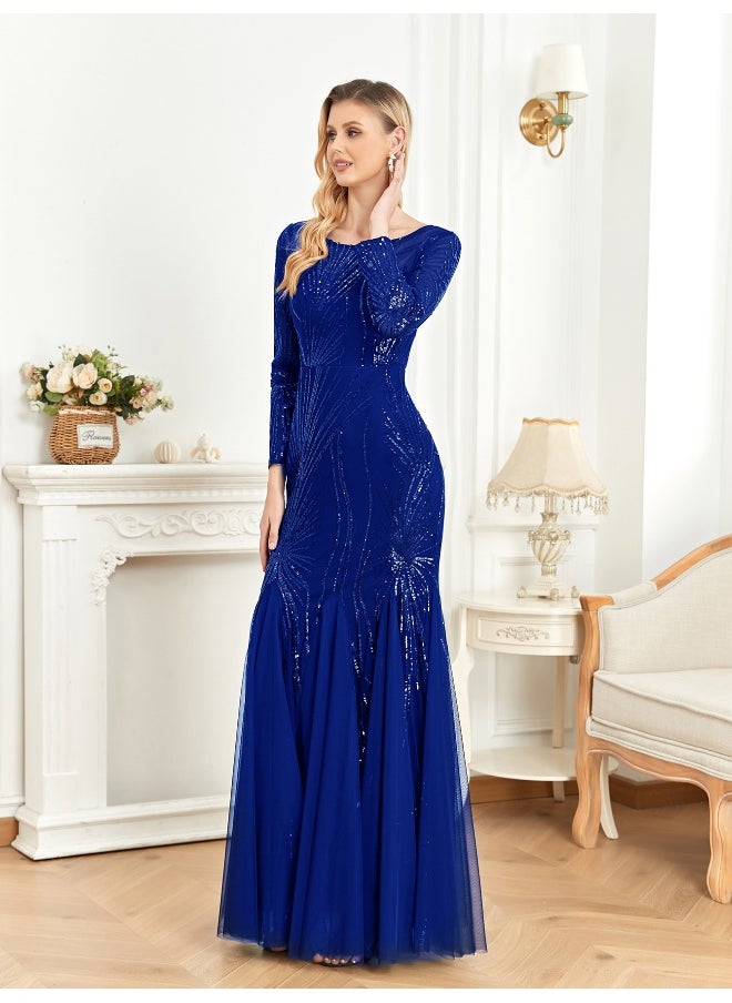 Madam Uniq Elegant Royal Blue Sequin Embroidered Long Sleeve Bridesmaid Party Cocktail Dress  - Image 3