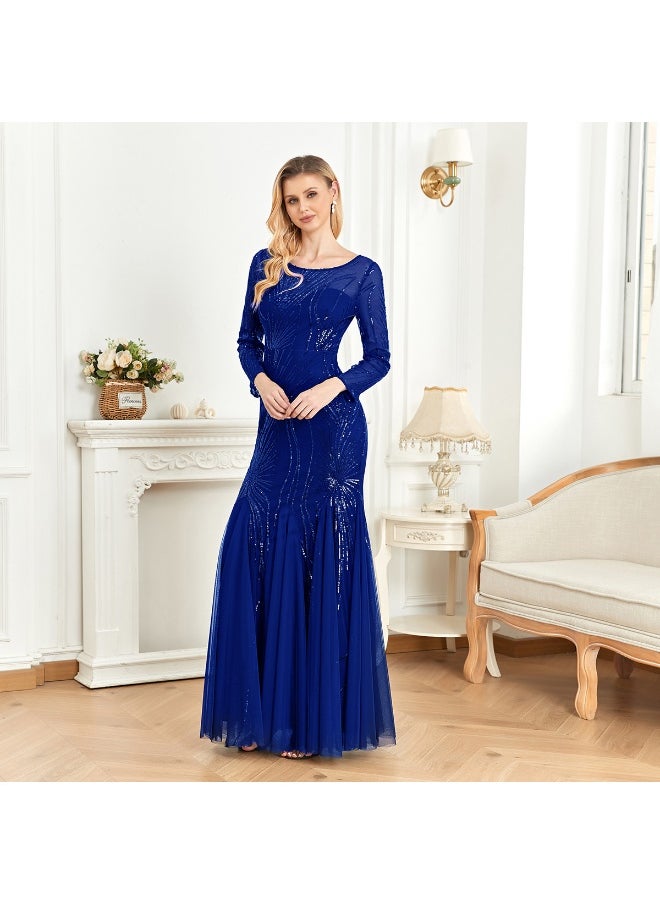 Madam Uniq Elegant Royal Blue Sequin Embroidered Long Sleeve Bridesmaid Party Cocktail Dress  - Image 4