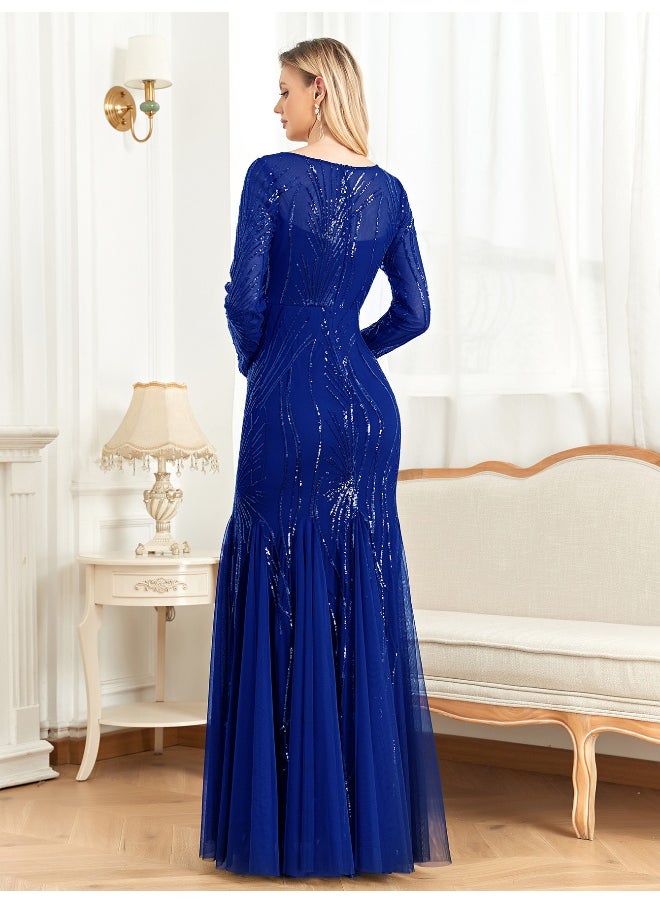 Madam Uniq Elegant Royal Blue Sequin Embroidered Long Sleeve Bridesmaid Party Cocktail Dress  - Image 2