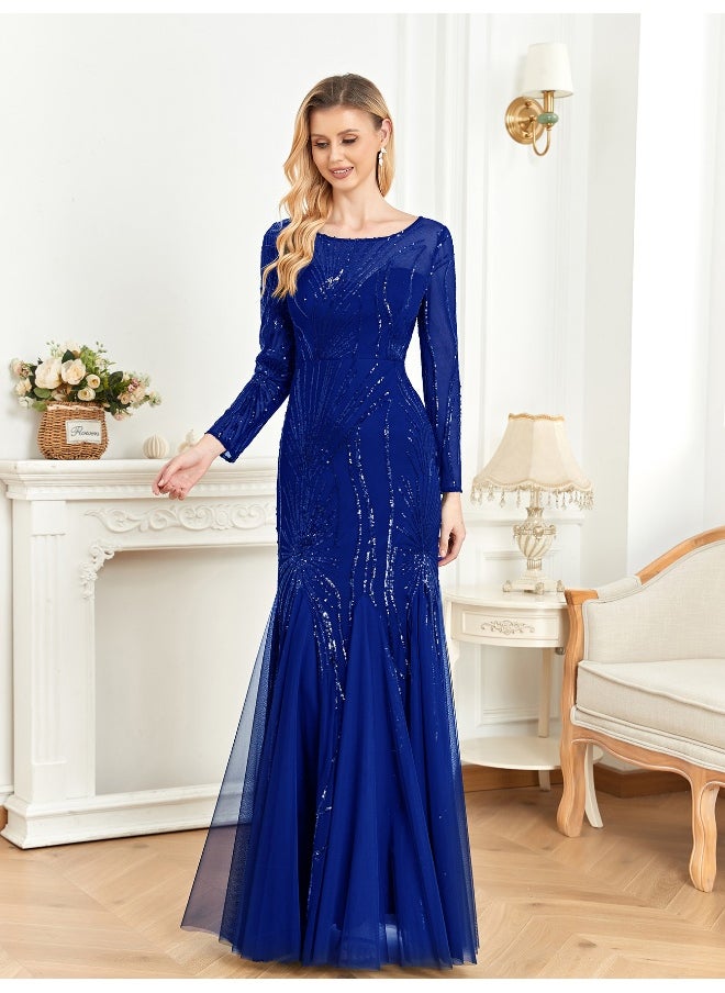 Madam Uniq Elegant Royal Blue Sequin Embroidered Long Sleeve Bridesmaid Party Cocktail Dress  - Image 1