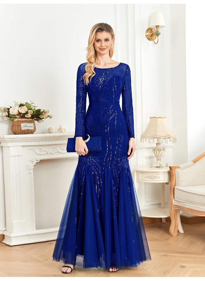 Madam Uniq Elegant Royal Blue Sequin Embroidered Long Sleeve Bridesmaid Party Cocktail Dress  - Image 5