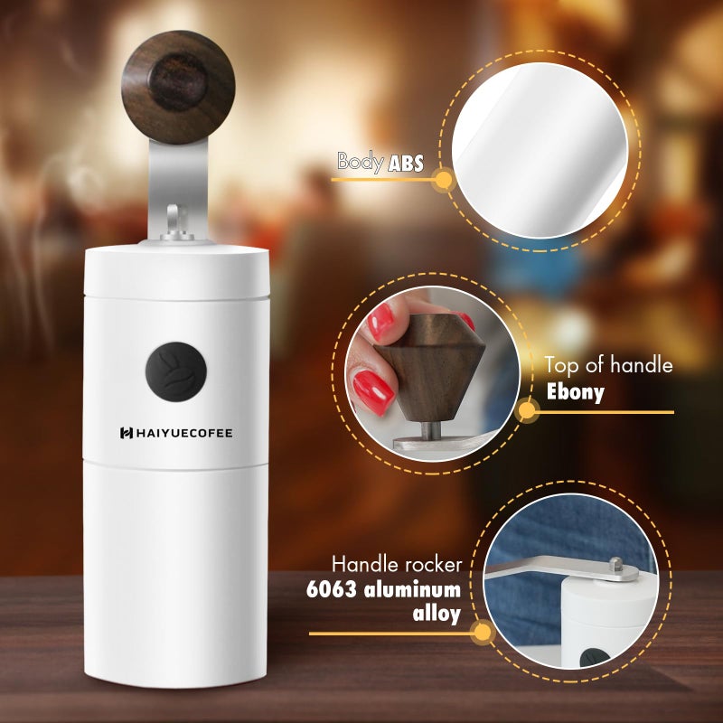 HAIYUECOFEE Manual Coffee Grinder - Hand Coffee Bean Grinder, Titanium-Coated Grinding Core - Aluminum Alloy Rocker with Ebony Wood Handle - Adjustable Grind Size - With Brush & Storage Bag (White) - Image 5