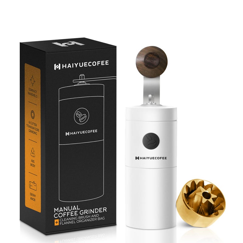 HAIYUECOFEE Manual Coffee Grinder - Hand Coffee Bean Grinder, Titanium-Coated Grinding Core - Aluminum Alloy Rocker with Ebony Wood Handle - Adjustable Grind Size - With Brush & Storage Bag (White) - Image 1
