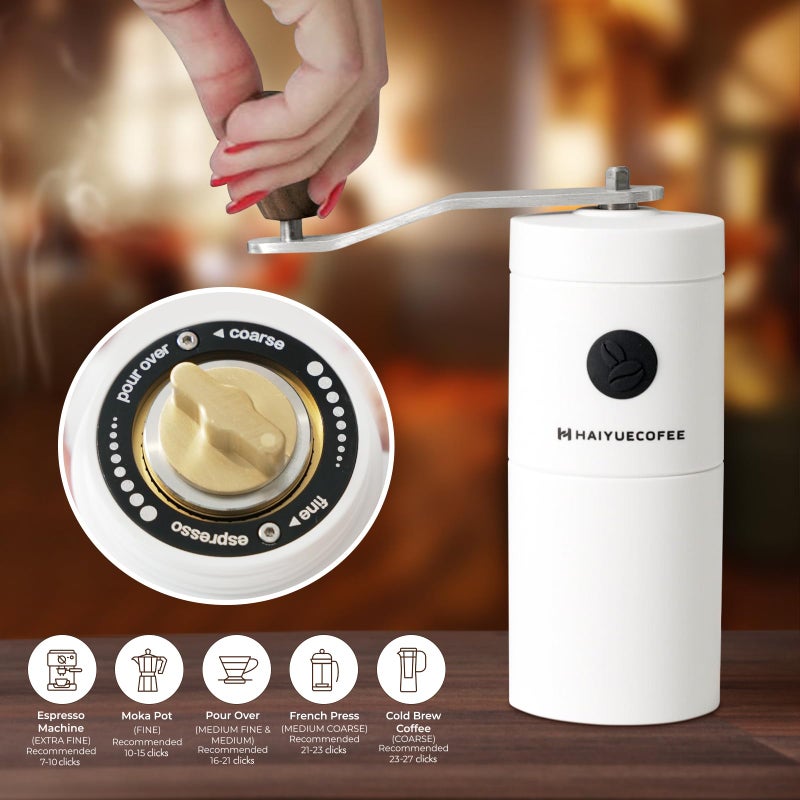 HAIYUECOFEE Manual Coffee Grinder - Hand Coffee Bean Grinder, Titanium-Coated Grinding Core - Aluminum Alloy Rocker with Ebony Wood Handle - Adjustable Grind Size - With Brush & Storage Bag (White) - Image 4