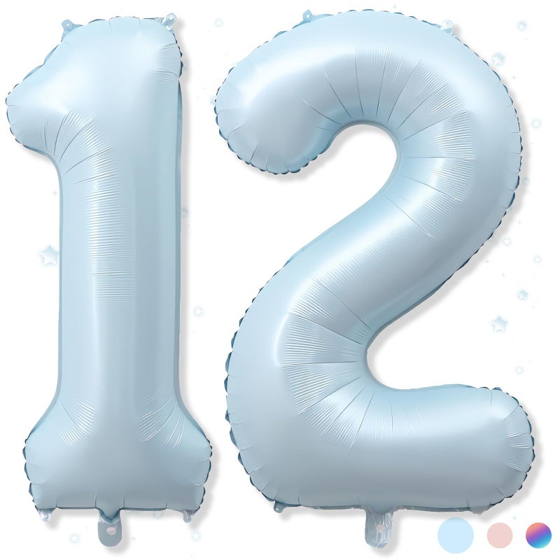 Froova Foil 12 Balloon, Light Matte Sky Blue Big Number 12 Balloons for Boys Birthday Party Decor, 40 Inch Mylar Helium Number 12 Pastel Baby Blue Balloon for 12th Birthday Party Anniversary Decorations - Image 1