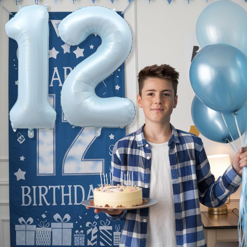 Froova Foil 12 Balloon, Light Matte Sky Blue Big Number 12 Balloons for Boys Birthday Party Decor, 40 Inch Mylar Helium Number 12 Pastel Baby Blue Balloon for 12th Birthday Party Anniversary Decorations - Image 3