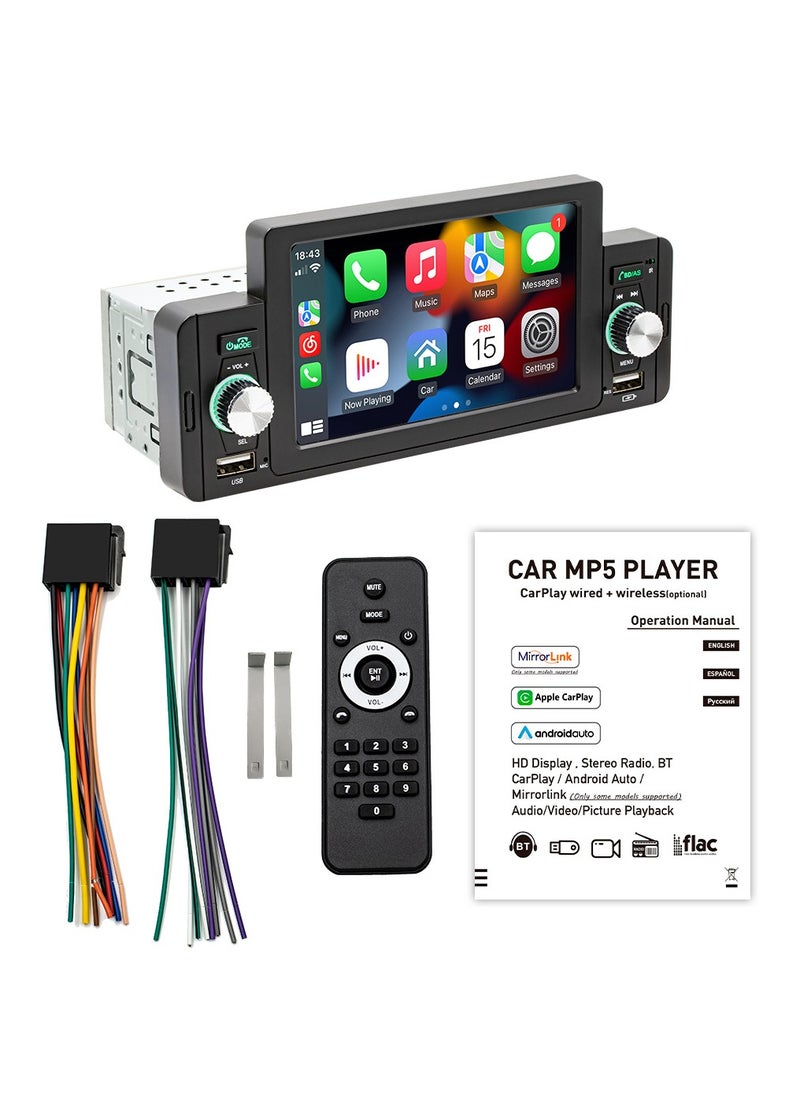 SWM - 5 Inch Car Stereo MP5 Player BT FM Radio Receiver with Carplay Android Auto Support Hands-Free Calling USB Charge Playback Phone Link - Image 1