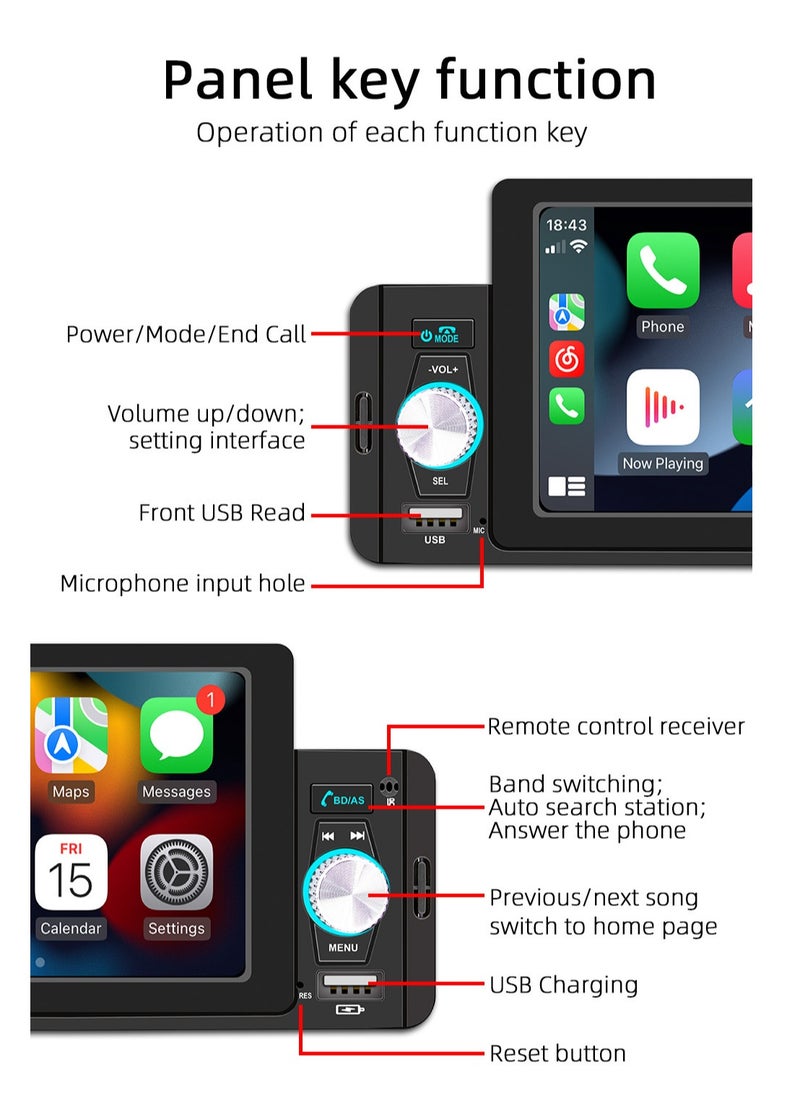 SWM - 5 Inch Car Stereo MP5 Player BT FM Radio Receiver with Carplay Android Auto Support Hands-Free Calling USB Charge Playback Phone Link - Image 1