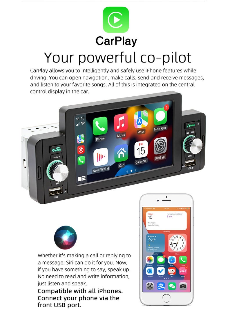 SWM - 5 Inch Car Stereo MP5 Player BT FM Radio Receiver with Carplay Android Auto Support Hands-Free Calling USB Charge Playback Phone Link - Image 1