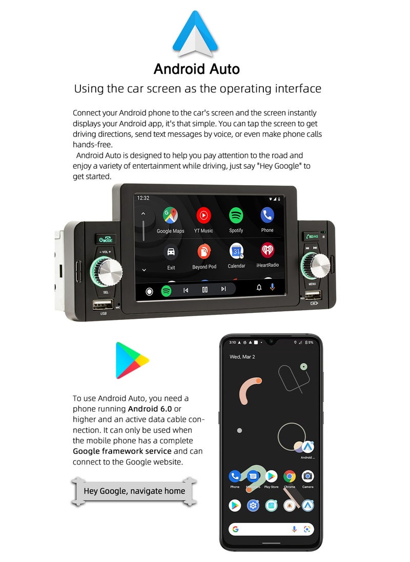 SWM - 5 Inch Car Stereo MP5 Player BT FM Radio Receiver with Carplay Android Auto Support Hands-Free Calling USB Charge Playback Phone Link - Image 1
