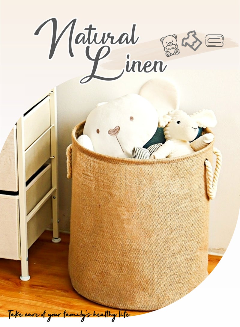 Cotton and Linen Woven Foldable Laundry Basket with Doublehandle,Dress Storage Cloth Basket,PE Waterproof and Moistureproof Inner Film,Kid's Toys Kitchen Storage Basket, Laundry Hamper for Bathroom - Image 2