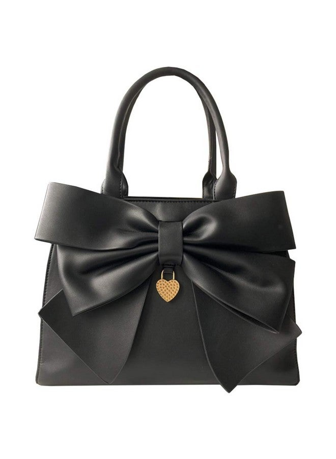 Rullar Women 2Pcs Handbag Set Bow-Knot Satchel Top-handle Crossbody Bag Tote Wallet Purse with Heart Pendant Black - Image 1
