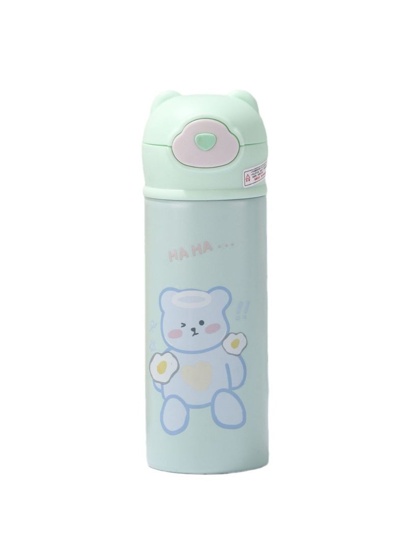 Water Bottle With Straw Bear Thermoses for Kids, Thermal Insulated Cups for Hot and Cold Drinks, BPA Free Stainless Steel Leak-proof Flask for Boys and Girls School Indoor Outdoor Sports(15 oz light green)  - Image 1