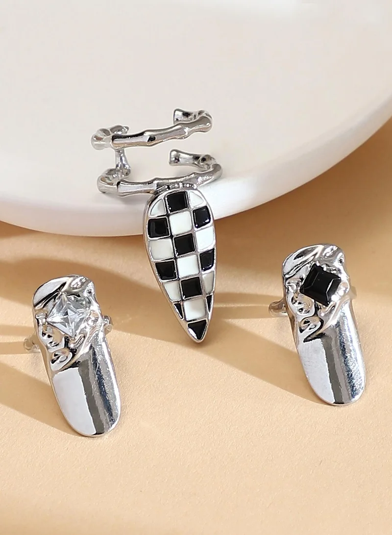 Women The Bijou-Checks Nail Ring Set | Metallic  Colour | Set Of 3 | One-Size | Artificial Stone Alloy Material | Adjustable Closure | Ring For Casual & Evening Wear