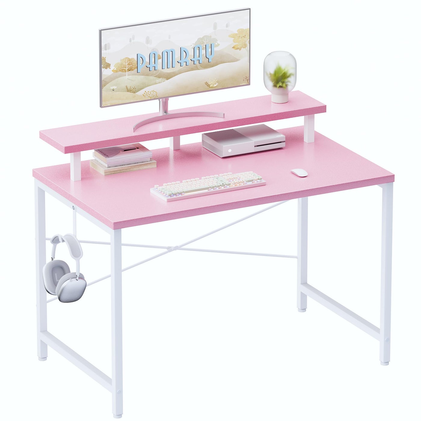 Pamray 32 Inch Small Computer Desk with Monitor Stand, Simple Office Desk with Headphone Hook for Small Spaces, Kids Study Writing Table for Bedroom, Pink