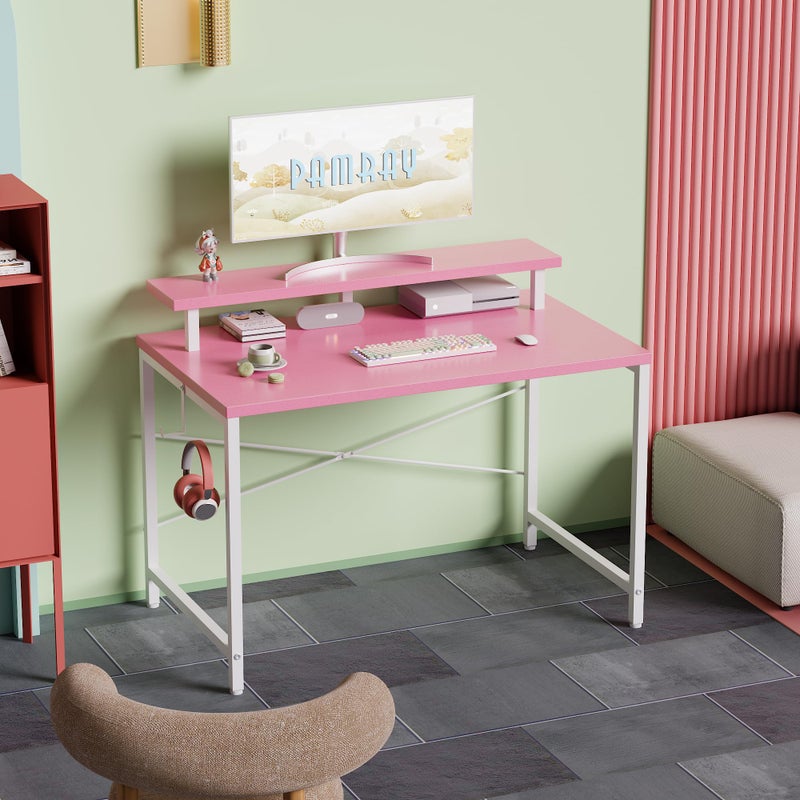 Pamray 32 Inch Small Computer Desk with Monitor Stand, Simple Office Desk with Headphone Hook for Small Spaces, Kids Study Writing Table for Bedroom, Pink - Image 2