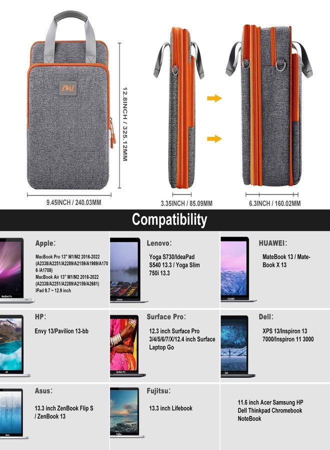 ZINZ Laptop Shoulder Bag 12.3-13 inch Case Sleeve, Expandable Handbag with Valuables Compartment Compatible with MacBook Air/Pro/Neo 13", iPad 12.9"/13"/11", Shockproof,Gray-Orange edge - Image 2