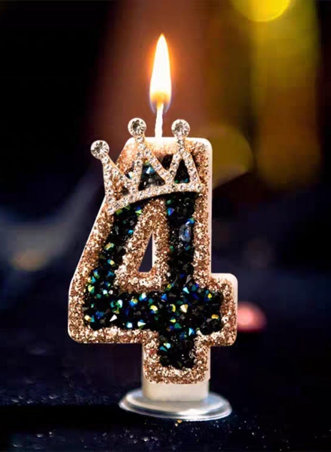 Ssovi Royal Crown Number [4] Birthday Candle, 3D Glitter Black & Gold Rhinestone Cake Topper with Holder, Smokeless Single Metallic Decoration for Party & Anniversary - 1 Piece - Image 1