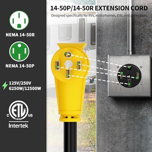 POWGRN NEMA 14-50P to NEMA 14-50R 25FT 50 Amp RV/EV Extension Cord Outdoor with Grip Handle, Flexible 4 Prong Heavy Duty RV Power Cord Waterproof, 50A 125/250V 6250/12500W STW, ETL Listed - Image 2