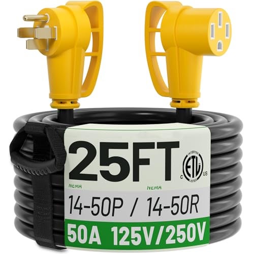 POWGRN NEMA 14-50P to NEMA 14-50R 25FT 50 Amp RV/EV Extension Cord Outdoor with Grip Handle, Flexible 4 Prong Heavy Duty RV Power Cord Waterproof, 50A 125/250V 6250/12500W STW, ETL Listed - Image 1