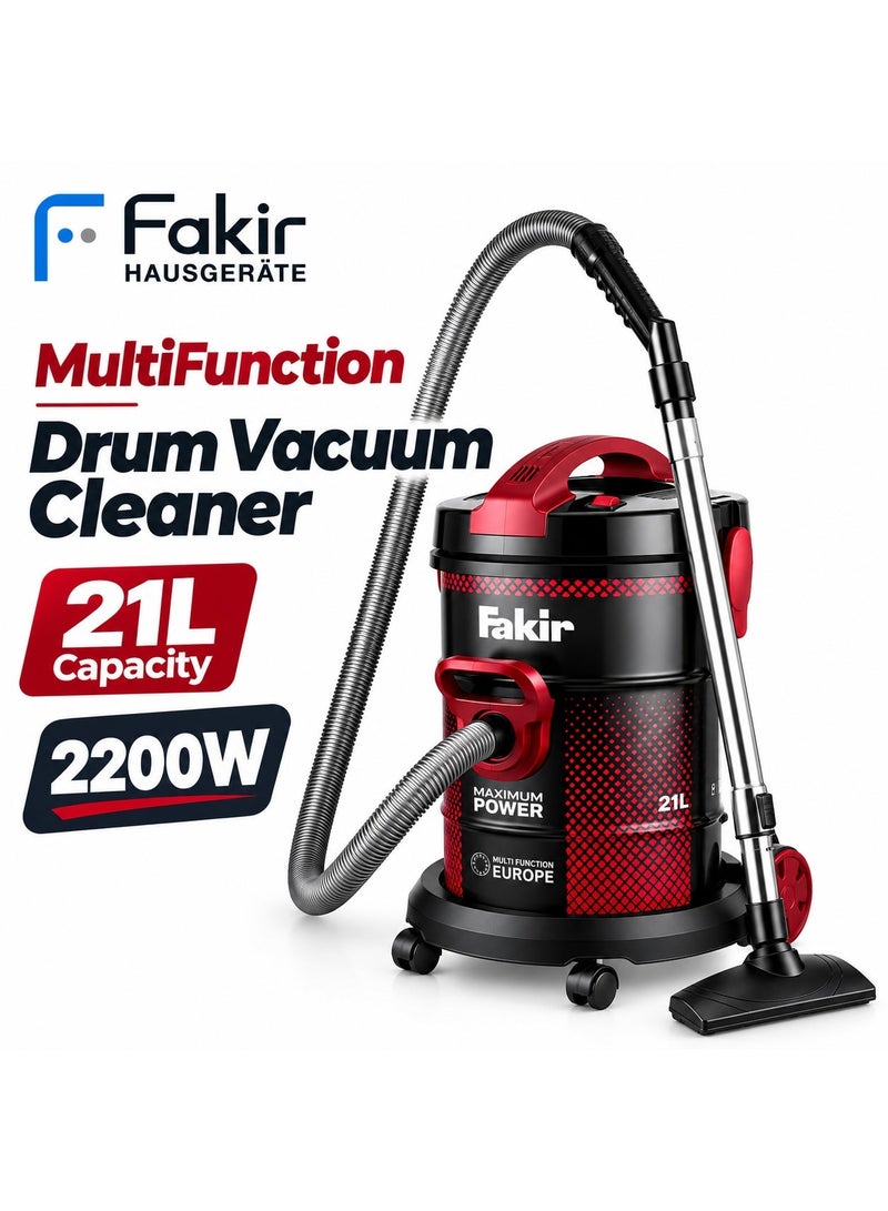 Fakir Drum Vacuum Cleaner, 21L Capacity, 2200W, 300W Suction Power, HEPA Filter, Wet & Dry Vacuum Cleaner with Blower Function for Home, Garage & Workshop - Image 1