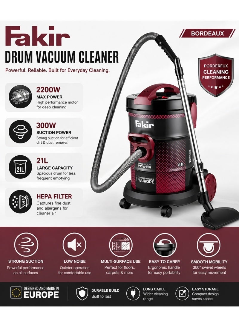 Fakir Drum Vacuum Cleaner, 21L Capacity, 2200W, 300W Suction Power, HEPA Filter, Wet & Dry Vacuum Cleaner with Blower Function for Home, Garage & Workshop - Image 2
