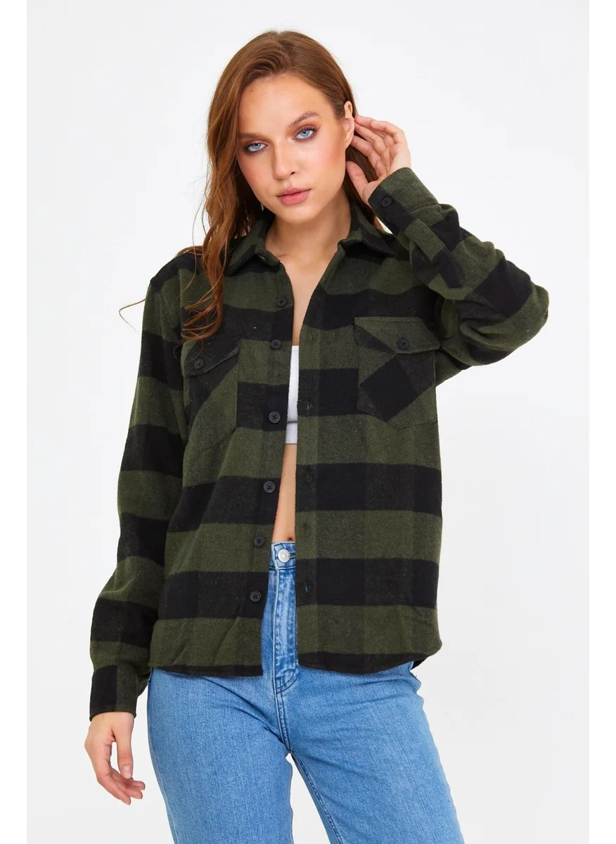 Cool Tarz Cool Style Khaki Women Slim Fit Button Down Collar Double Pocket Lumberjack Plaid Shirt