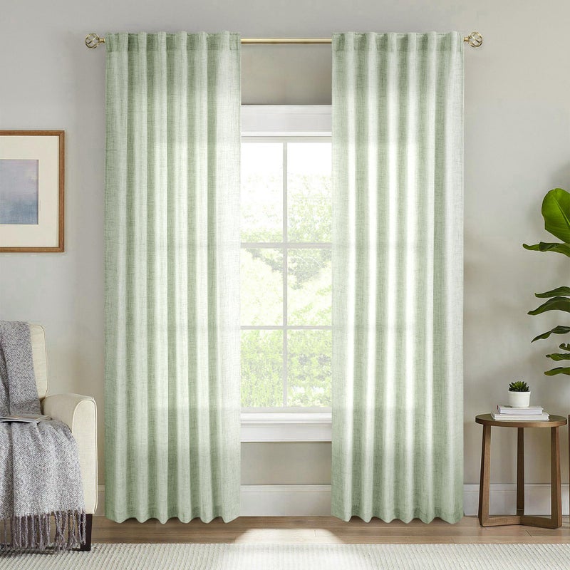 MEETBILY Sage Green Linen Curtains 96 Inches Long Semi Sheer Back Tab Drapes for Living Room 2 Panels Light Green Boho Neutral Curtains for Bedroom Closet Door Nursery Boy Teens Girls Playroom  8 Ft - Image 1