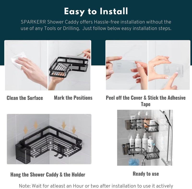 SPARKERR Self Adhesive Shower Caddy, Easy to Install Bathroom Kitchen Corner space Organizer, Wall mounted Heavy-Duty Anti-rust Stainless Steel Organizer for Bathroom and Kitchen, No Drilling Needed - Image 4