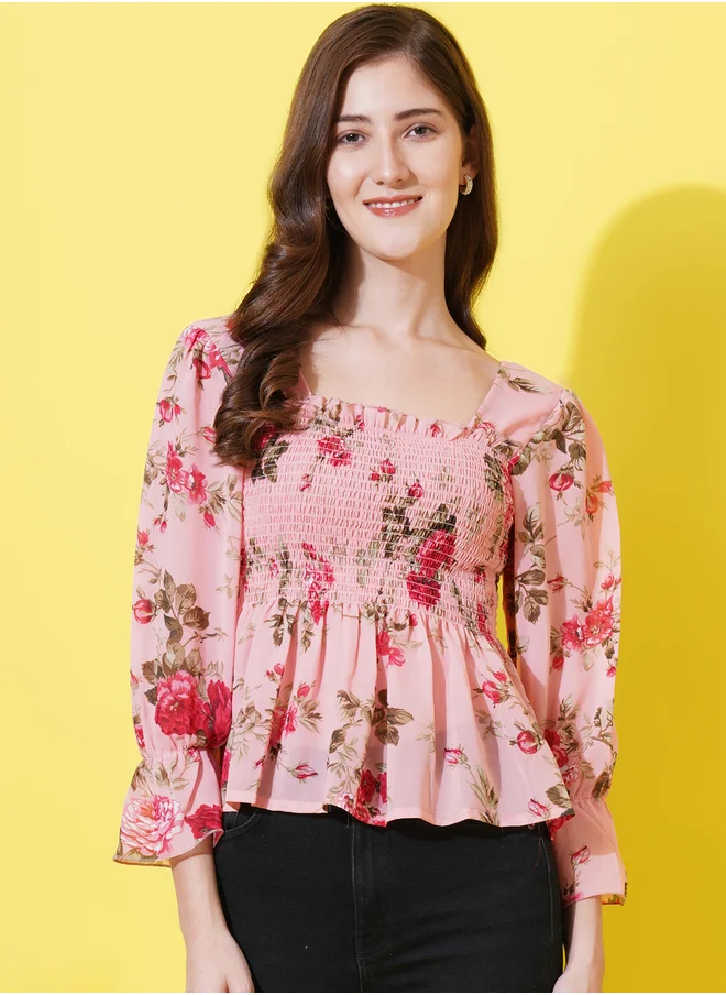 U&F U&F Floral Print Smocked Georgette Peplum Top