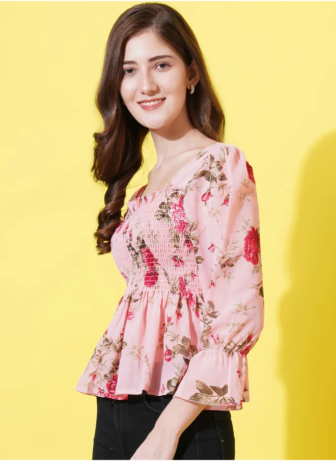 U&F U&F Floral Print Smocked Georgette Peplum Top