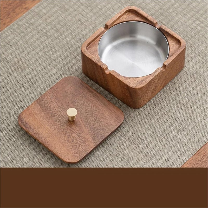 Walnut ashtray high-value walnut solid wood home living room high-end office with cover anti-fly grey(Walnut ashtray-Silve,1pcs) - Image 3