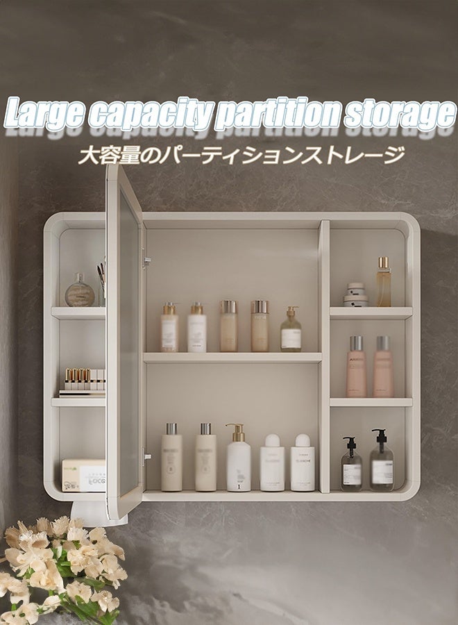 والالا خزانة مرآة حمام مثبتة على الحائط مع رف، خزانة مرآة زينة 90 سم مع مساحة تخزين مفتوحة وأبواب بمرآة، منظم حمام عصري (أبيض لؤلؤي) - Image 5