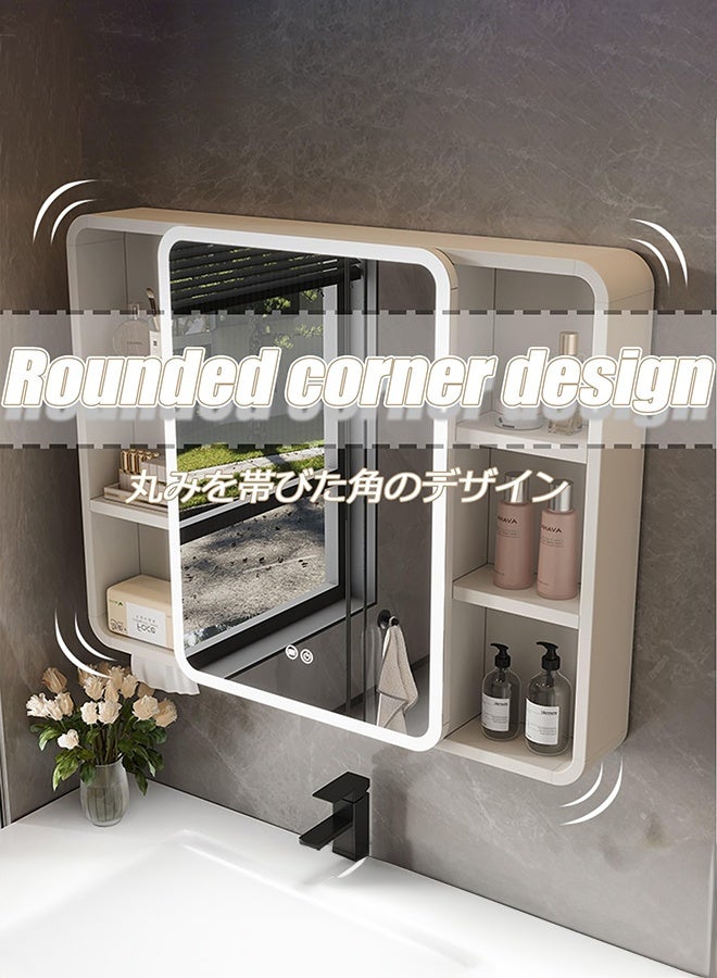 والالا خزانة مرآة حمام مثبتة على الحائط مع رف، خزانة مرآة زينة 90 سم مع مساحة تخزين مفتوحة وأبواب بمرآة، منظم حمام عصري (أبيض لؤلؤي) - Image 3