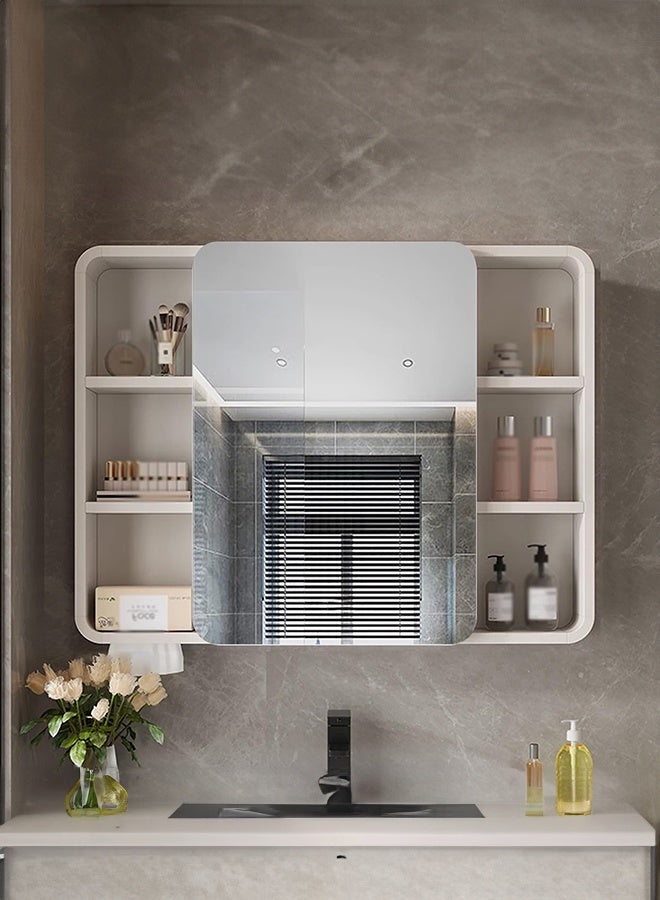 والالا خزانة مرآة حمام مثبتة على الحائط مع رف، خزانة مرآة زينة 90 سم مع مساحة تخزين مفتوحة وأبواب بمرآة، منظم حمام عصري (أبيض لؤلؤي) - Image 1