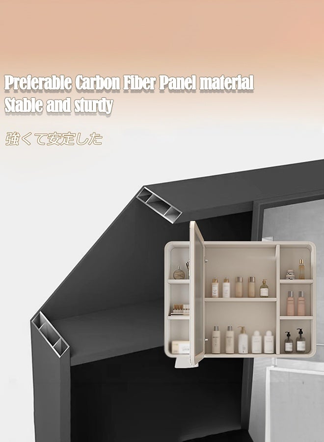 والالا خزانة مرآة حمام مثبتة على الحائط مع رف، خزانة مرآة زينة 90 سم مع مساحة تخزين مفتوحة وأبواب بمرآة، منظم حمام عصري (أبيض لؤلؤي) - Image 4