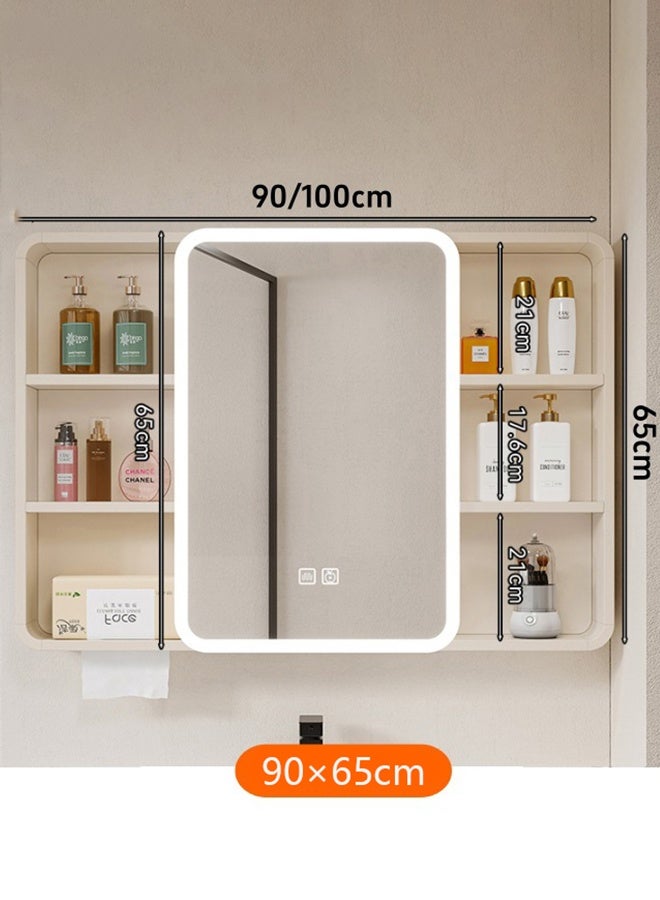 والالا خزانة مرآة حمام مثبتة على الحائط مع رف، خزانة مرآة زينة 90 سم مع مساحة تخزين مفتوحة وأبواب بمرآة، منظم حمام عصري (أبيض لؤلؤي) - Image 2