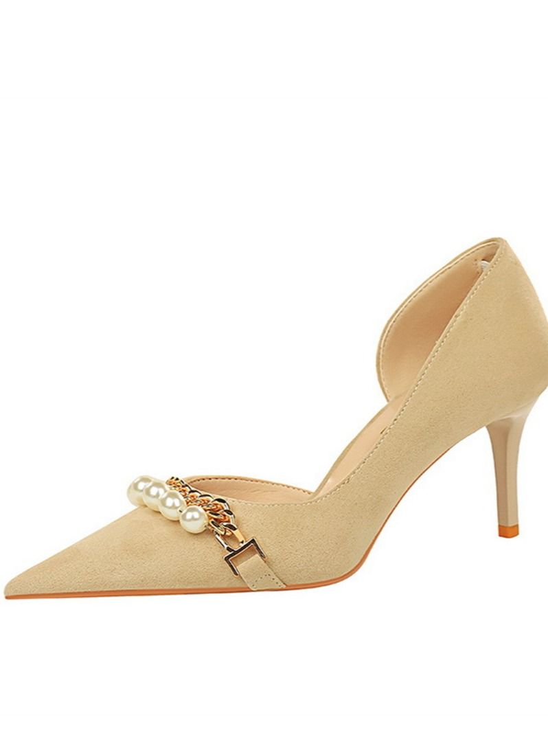 BIGTREE Pointed Pearl Metal Chain High Heels 7CM Beige - Image 1