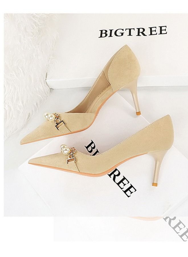BIGTREE Pointed Pearl Metal Chain High Heels 7CM Beige - Image 2