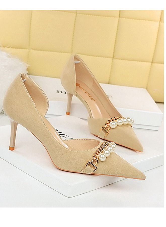 BIGTREE Pointed Pearl Metal Chain High Heels 7CM Beige - Image 3