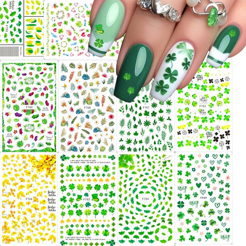 Hrnsnails 10 Sheets St Patricks Day Nail Stickers, St Patrickâ€™s Day Shamrock Nail Stickers 3D Self-Adhesive Saint Patricks Day Nail Shamrock Nail Decals Deisgn St Patricks Day Accessories for Women and Girls - Image 1