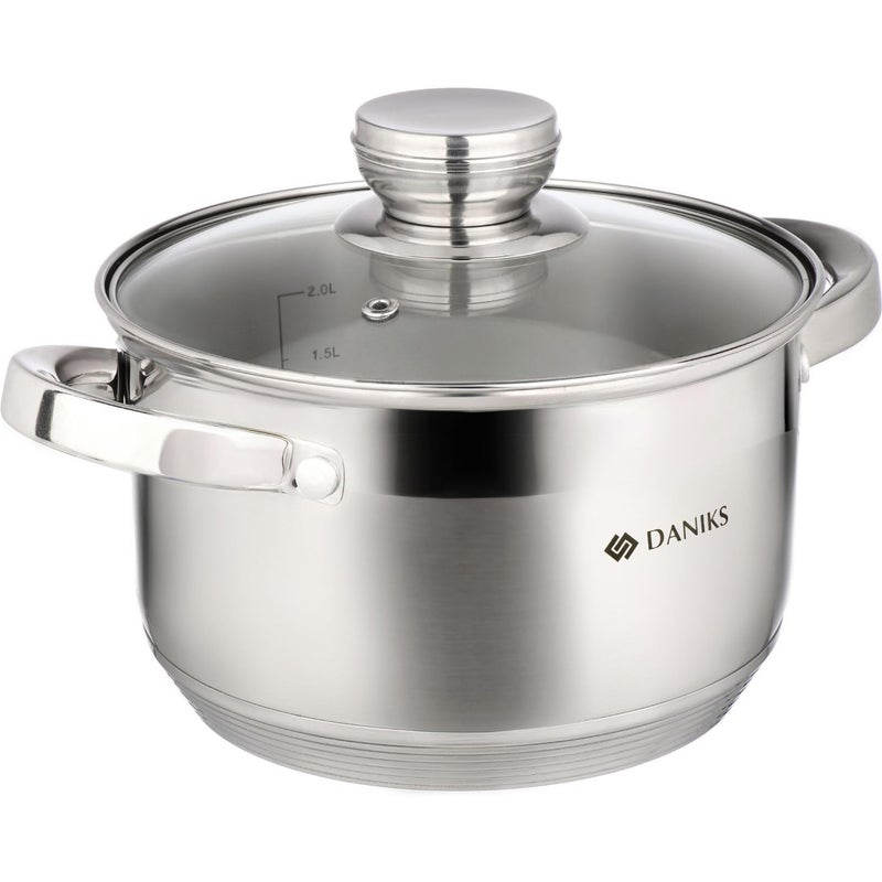 Daniks Standard Stainless Steel Stock Pot with Glass Lid  Induction 3 Quart Dishwasher Safe Measuring Scale For Soup Pasta Stew Silver