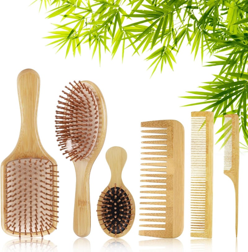 6 Pcs Bamboo Hair BrushBamboos Comb SetBamboo Hairbrush Set of 3 Air Cushion Brushes and 3 Combs AntistaticNatural Bamboos Hairbrush Set for Enhance ShineMassage Scalp Improve Tangles