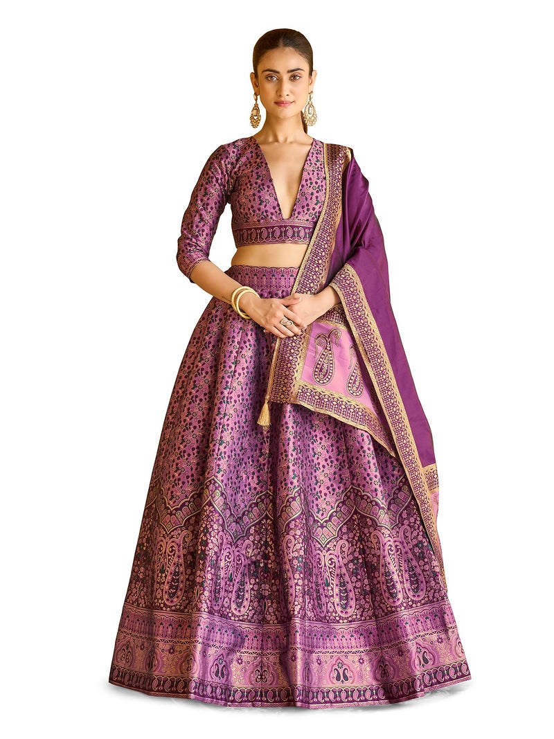 PURVAJA Women's Kanjiwaram Semi-Stitched Lehenga choli (Nadira-Purple_Free Size) - Image 1